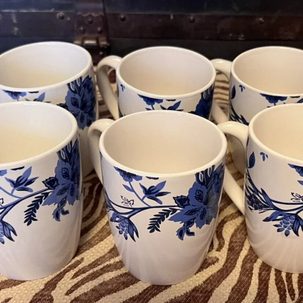NEW Set of 6 Wild Flowers Blue & White Ceramic Coffee Tea Mug